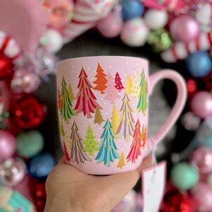LAST FEW✨NEW💗Peppermint and Pine Soft Touch Pink Mug with Colorful Trees🎄